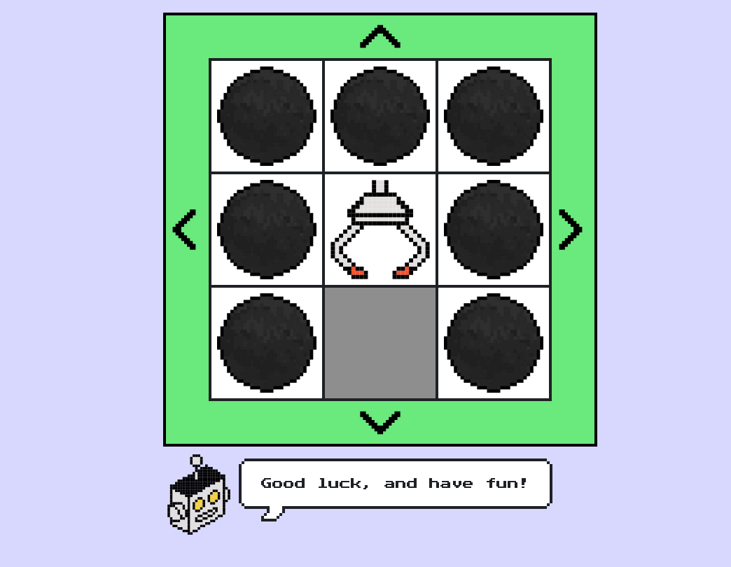 a web page with a 3x3 grid of squares filled with directional arrows around an arcade claw, below the grid is a smiling robot with a speech bubble say "Good luck, and have fun!"