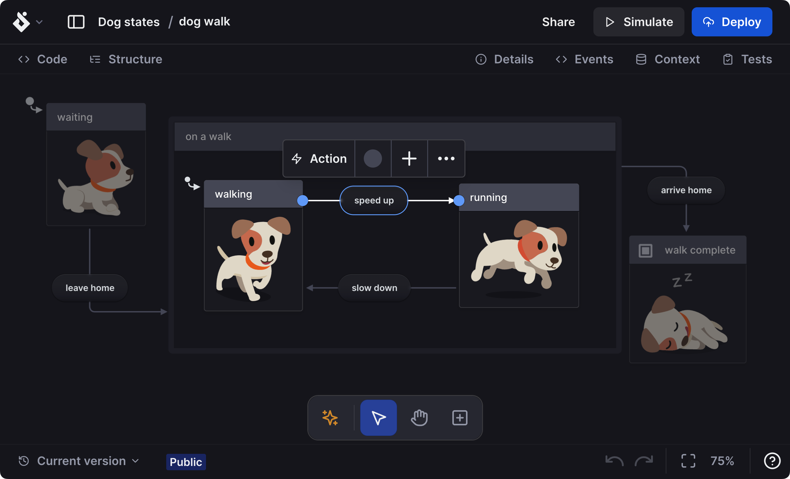 A dog walk machine open in Stately Studio's editor. The dog walk machine has cute puppy images for each state, showing a dog walking and running. The speed up event is selected, and information and options for that transition is shown in an inspector panel on the right.